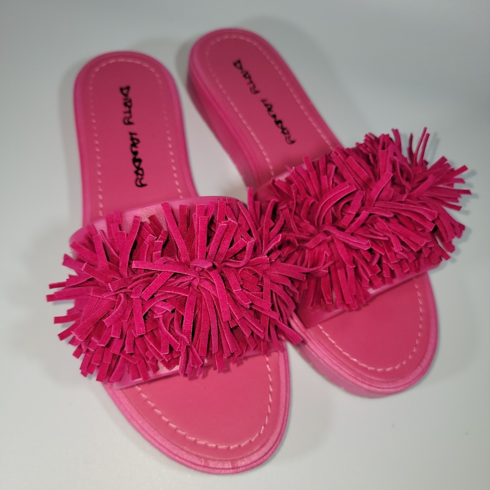 Dirty Laundry Fringe PomPom Slides Bright Pink Sandals Womens Shoes Size 6 36.5